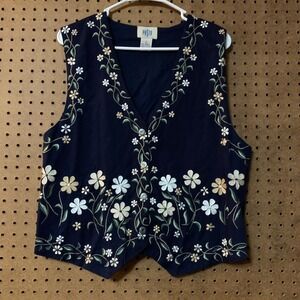 VTG PASTA Navy Blue Floral Embroidered Vest Large Cottage Granny 90s mom Femme